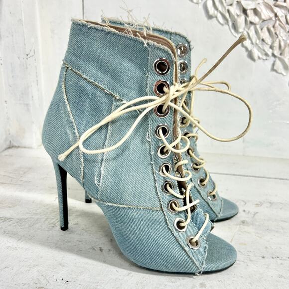 Barbara Bui Denim Lace-Up Open Toe Stilettos Ankle Boots Light Blue Women's 36.5 - Picture 2 of 10